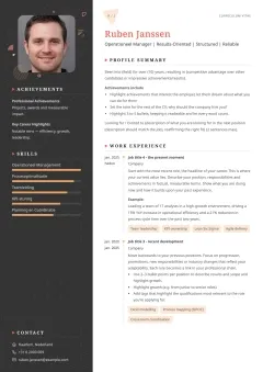 Opvallend creatief CV template voorbeeld met een donkere zijbalk, gedurfde decoraties en unieke vormgeving