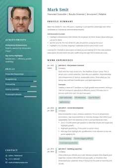 Modern CV template voorbeeld met een blauw-groene zijbalk en een strakke, eigentijdse opmaak
