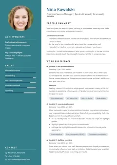 Modern CV template voorbeeld met een blauwgekleurde zijbalk en een eigentijdse opmaak