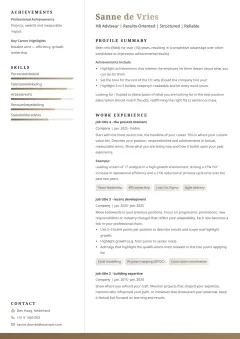 Strak CV template voorbeeld met een witte achtergrond, verfijnde zijbalk en elegante gouden accenten