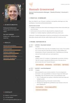 Stand-out creative CV template example with a dark sidebar, bold decorations, and unique visual styling