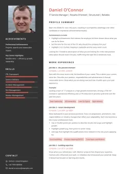 Creative CV template example with a dark sidebar, and expressive visual details