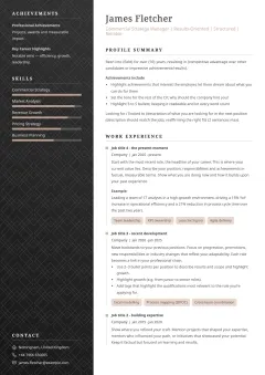 Formal CV template example with a dark sidebar, subtle background pattern, and gold accent highlights