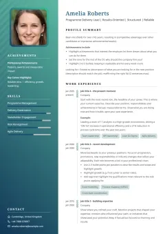 Advanced modern CV template example with a blue-to-green gradient sidebar and sleek layout