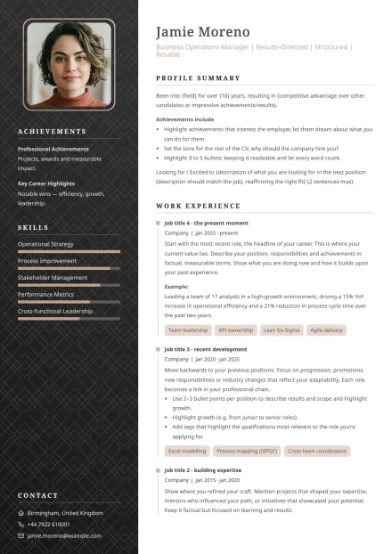 Professional CV template example showing a clean, elegant layout